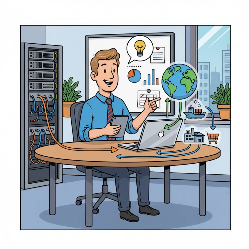 Comic-Darstellung eines Einkäufers am Schreibtisch mit Laptop, Lieferantenunterlagen, Preistabelle und Paketsymbolen