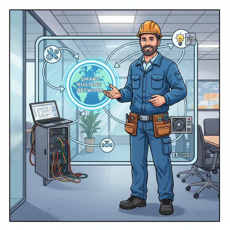 Comic-Darstellung eines Facility Managers mit Tablet, Gebäudeplan, Technikraum und Service-Team vor einem Bürokomplex
