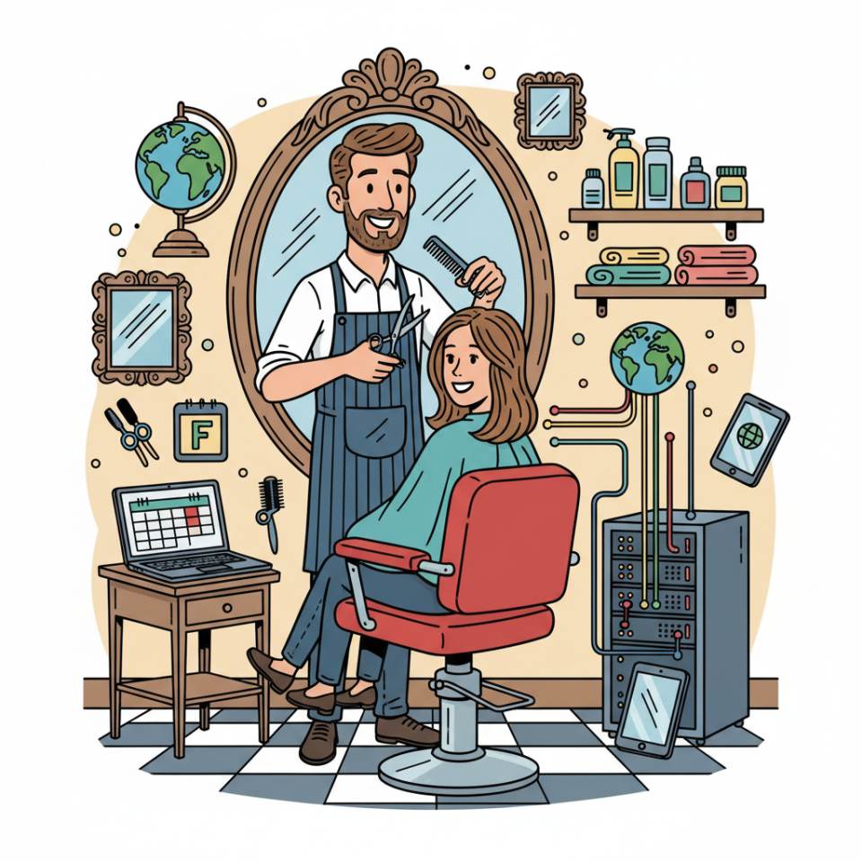 Comic-Darstellung eines Friseurs beim Schneiden und Stylen von Haaren im Salon