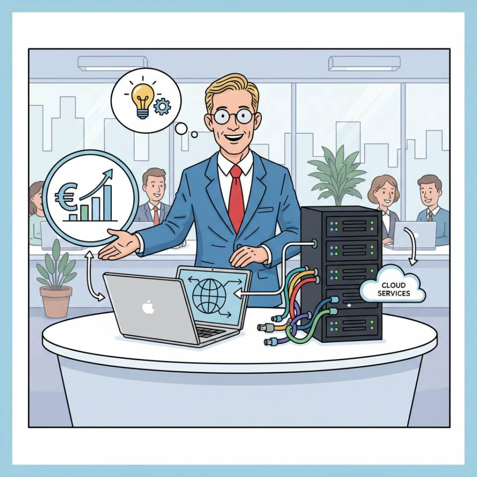 Comic-Darstellung eines Geschäftsführers mit Laptop, Organigramm und Führungsteam im modernen Büro