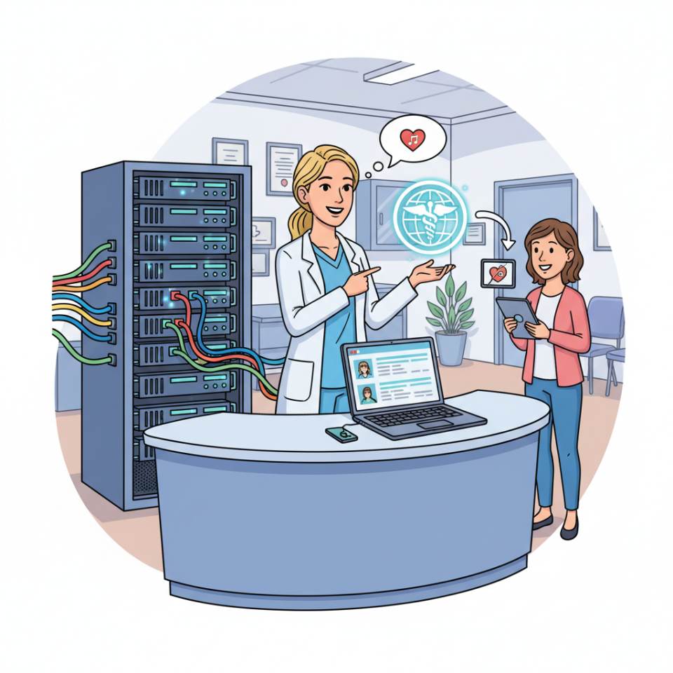 Comic illustration of a medical assistant with a patient file and blood pressure monitor in a doctor's practice