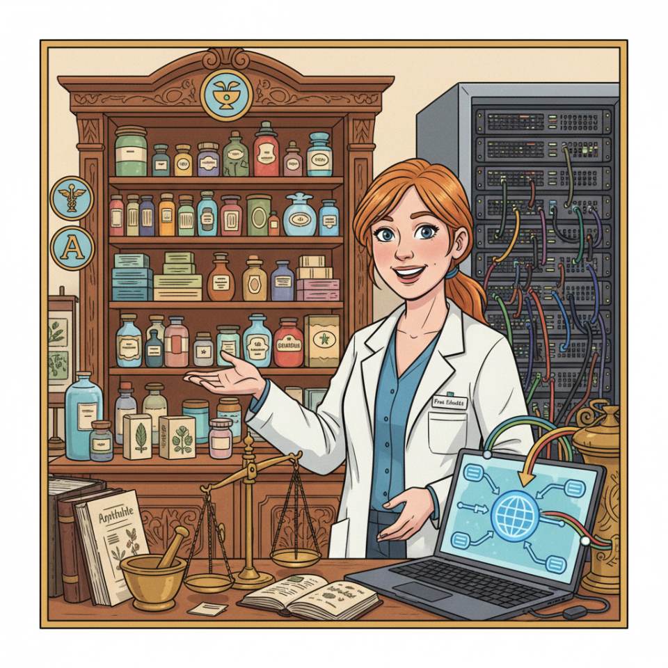 Ilustración tipo cómic de una farmacéutica con receta, cajones de medicamentos y mostrador de consejo en una farmacia luminosa