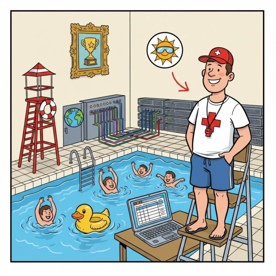 Ilustración cómic de un socorrista de piscina en el borde del vaso con equipo de rescate, una muestra de agua y vista de la piscina