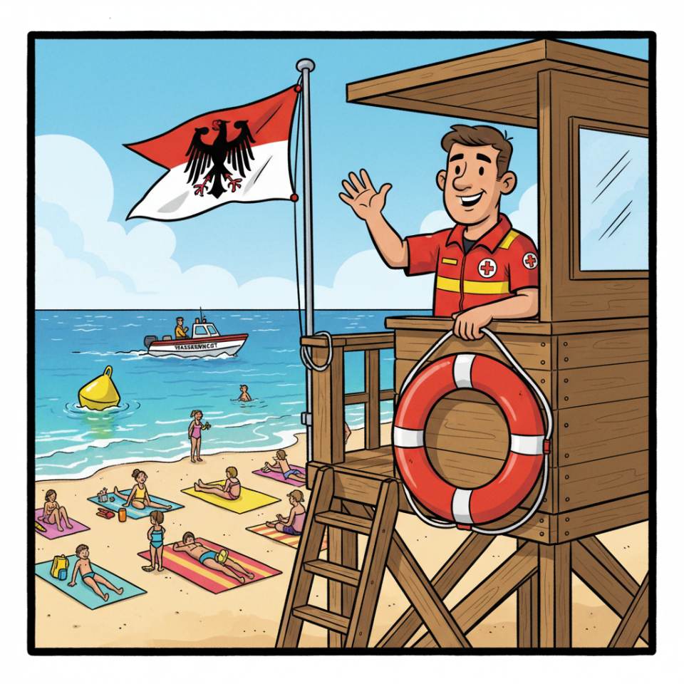Ilustración cómica de un socorrista con boya de rescate y prismáticos en el borde de una piscina al aire libre