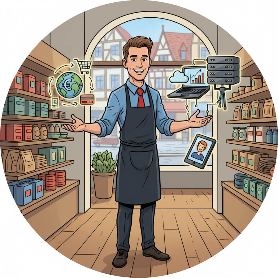 Комікс: продавець біля каси консультує клієнта в магазині