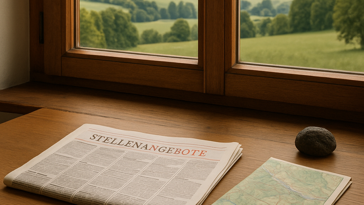 Periódico con ofertas de empleo junto a una ventana con vistas a la Allgäu